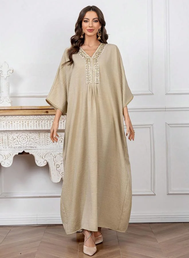 Take Two beige Women Beige Embroidered Batwing Sleeve Jalabiya for Women | Best Price UAE